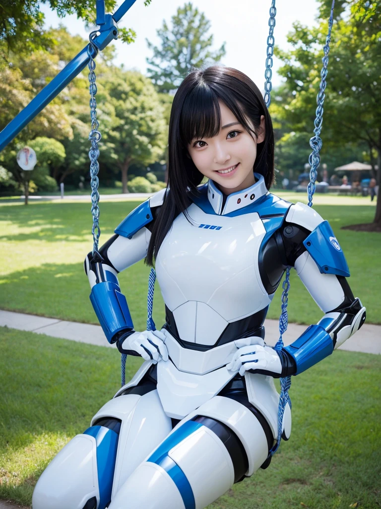 Japanese female android,Black Hair,White and blue robot suit,Plump,Riding on a swing in the park,smile