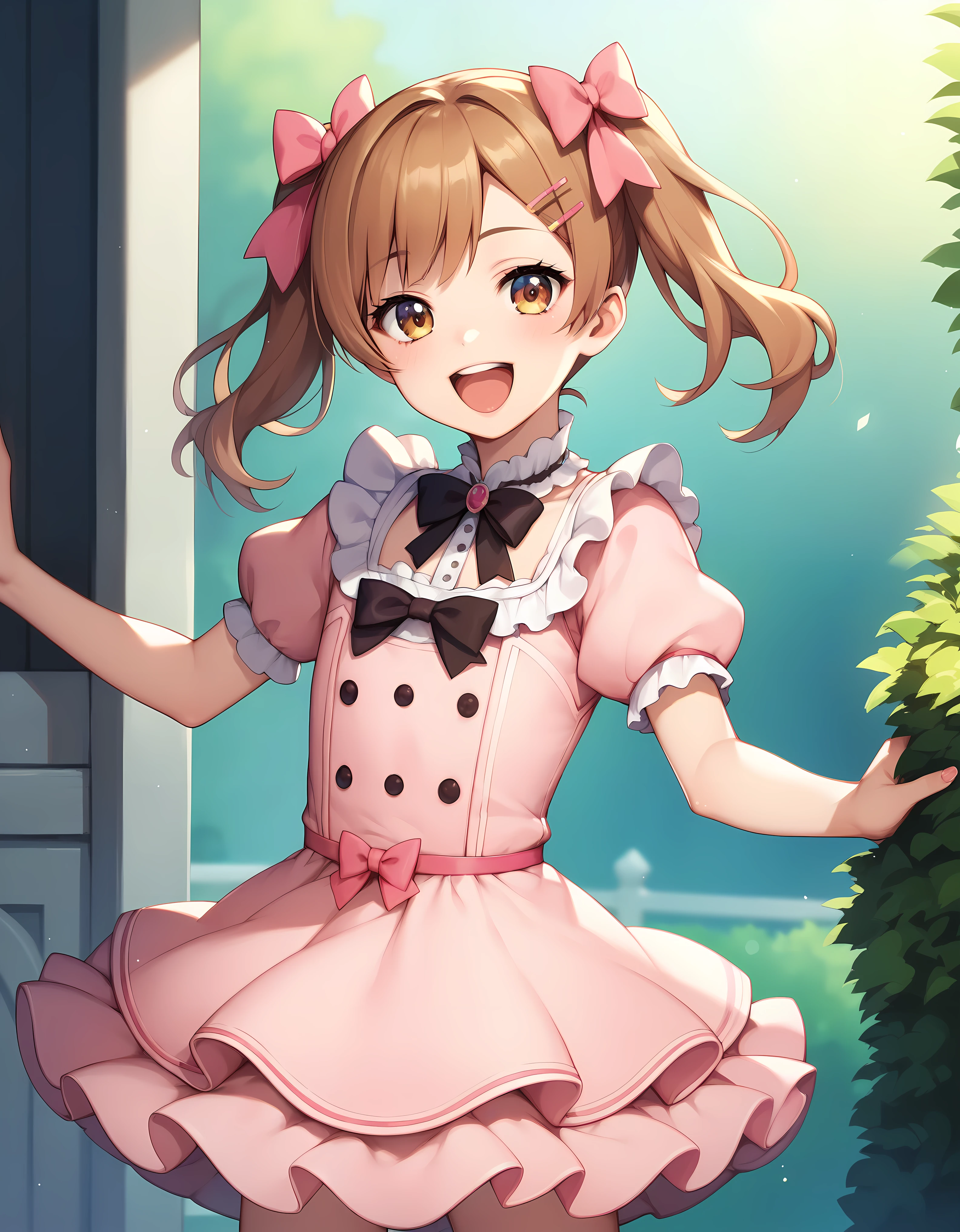 (masterpiece:1.2), best quality, highres, original, (extremely detailed:1.2), ultra-detailed, wallpaper, perfect lighting,(extremely detailed CG:1.2), 8k, anime illustration, HD, cute, kawaii, 1boy, crossdressing, solo, tomgirl, (brown hair, open the mouth, laughing, happy, hairclip:1.1), (Lolita Fashion, short sleeves, pink dress, mini dress, delicate dress, ruffles hemline, ribbon on dress, flat chest, breastless:1.2), thighs, standing, looking at viewer, frontal, outdoor, sunny