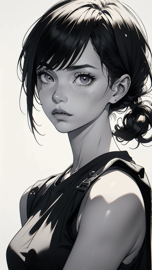 1 boyish girl, solo, sharp eyes, monochrome, greyscale, shoulder length black hair, portrait, blank white T-shirt, Thin eyebrows, closed mouth, looking at viewer, graphite \(medium\), detailed lips, hatching \(texture\), without makeup, bangs, upper body, (best illustration), (best quality), (very detailed), (masterpiece), expressionless,