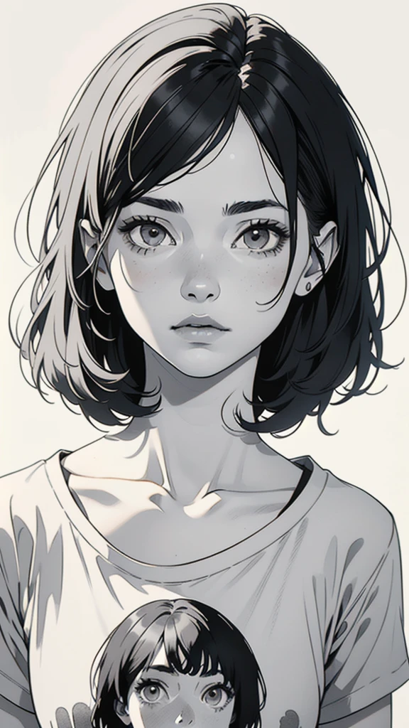 1 boyish girl, solo, sharp eyes, monochrome, greyscale, shoulder length black bangs hair, portrait, (blank white T-shirt), Thin eyebrows, closed mouth, looking at viewer, detailed lips, hatching \(texture\), without makeup, upper body, (best illustration), (best quality), (very detailed), (masterpiece), expressionless,