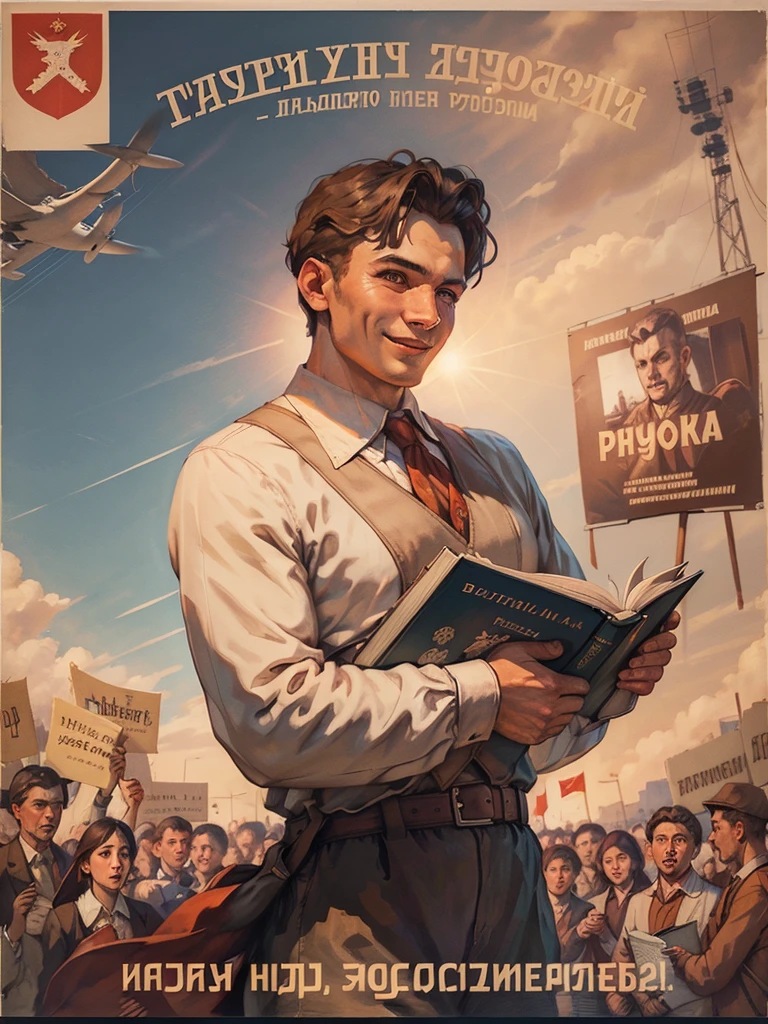 (best quality:1.2), Man holding up a book，No Russian letters，Wide Angle镜头，Smile, Profile,Dynamic Angle， Soviet Union, poster,  8k，masterpiece，Overhead shots，Wide Angle