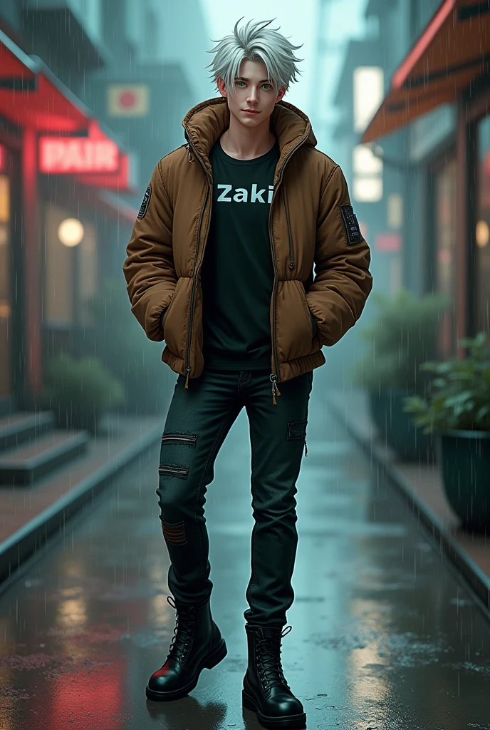 Erkek cocuk, pele caucasiana, 20 year, White hair, wearing black jeans, wearing black boots, White T-shirt and her name 'ZAKI' has written on that, with brown aviator jacket, greeneyes,curved body, cocked ass, cyberpunk atmosphere, Raby, アニメ, .Smile,Blonde Hair,