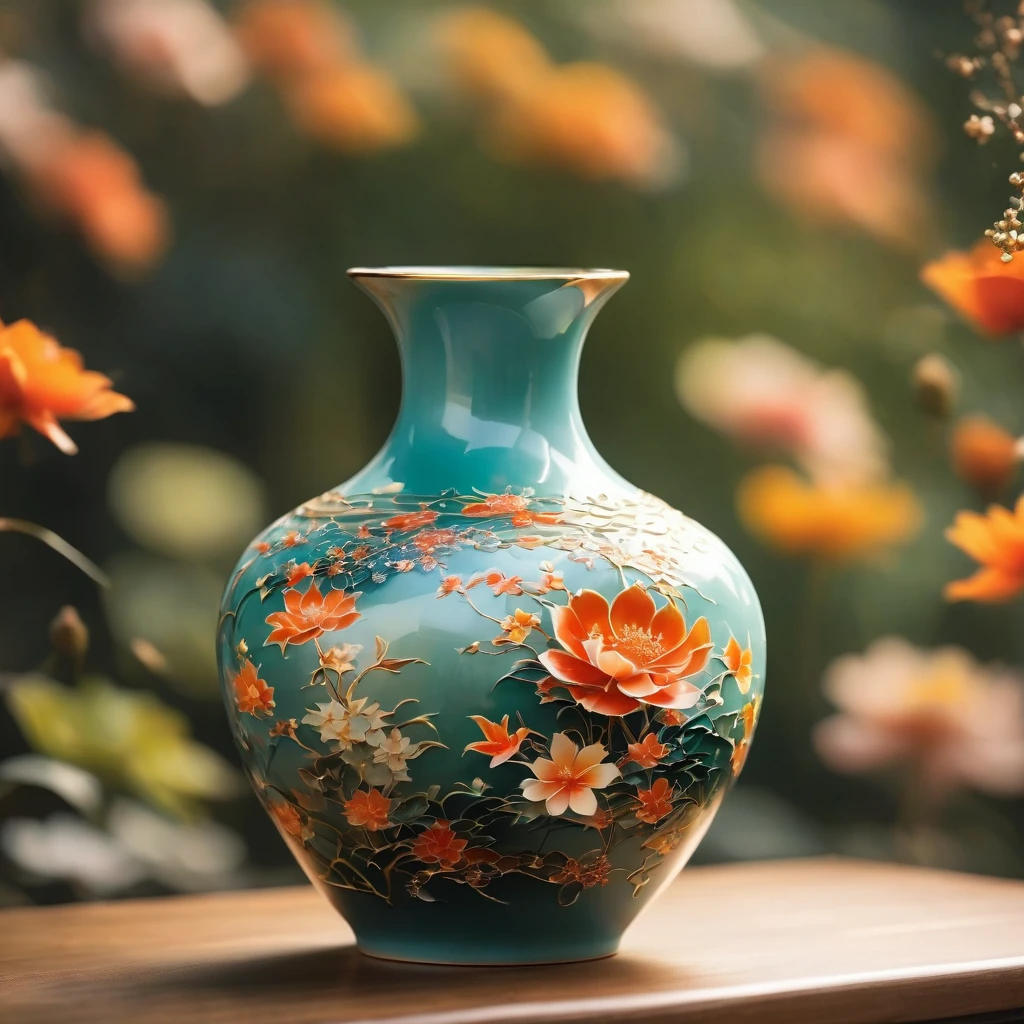 A beautiful handmade Japanese porcelain vase, Intricate floral patterns, traditional japanese art, Fine texture, Soft lighting, Tranquil atmosphere, masterpiece, Reality, 8K, high quality