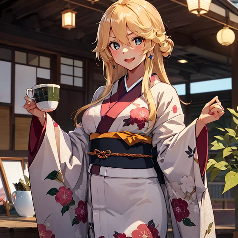 iowa_kantaicollection,
blonde_hair, long_hair, blue_eyes, star_\(symbol\), symbol-shaped_pupils, star-shaped_pupils, breasts, large_breasts, hair_between_eyes, smile, blush, open_mouth,
(masterpiece:1.4),(best quality:1.4), (premium:1.4), (great illustration:1.4), (ultra-detailed:1.4),(art CG, 8K),full body,1girl,solo,KonishiCSA,
(kimono:1.4),(green tea:1.4),yunomi,smile,