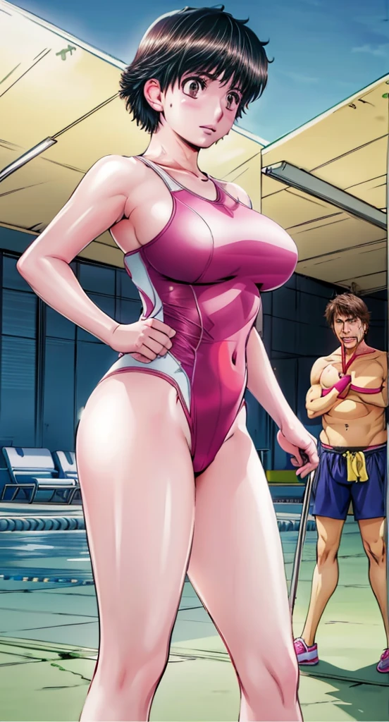 A beautiful woman with short hair, big breasts and beautiful legs is standing by the pool with her legs spread to the sides and blushing, wearing a bright pink high-cut competitive swimsuit with the arena logo and lettering on her chest.。A middle-aged man is standing pointing a camera at the camera from a distance.。