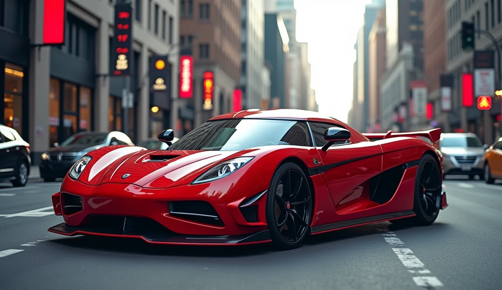A very nice red Koenigsegg CCXR Trevita car, on the city road. I want to see it in full view
