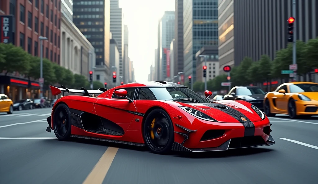A very nice red Koenigsegg CCXR Trevita car, on the city road. I want to see it in full view