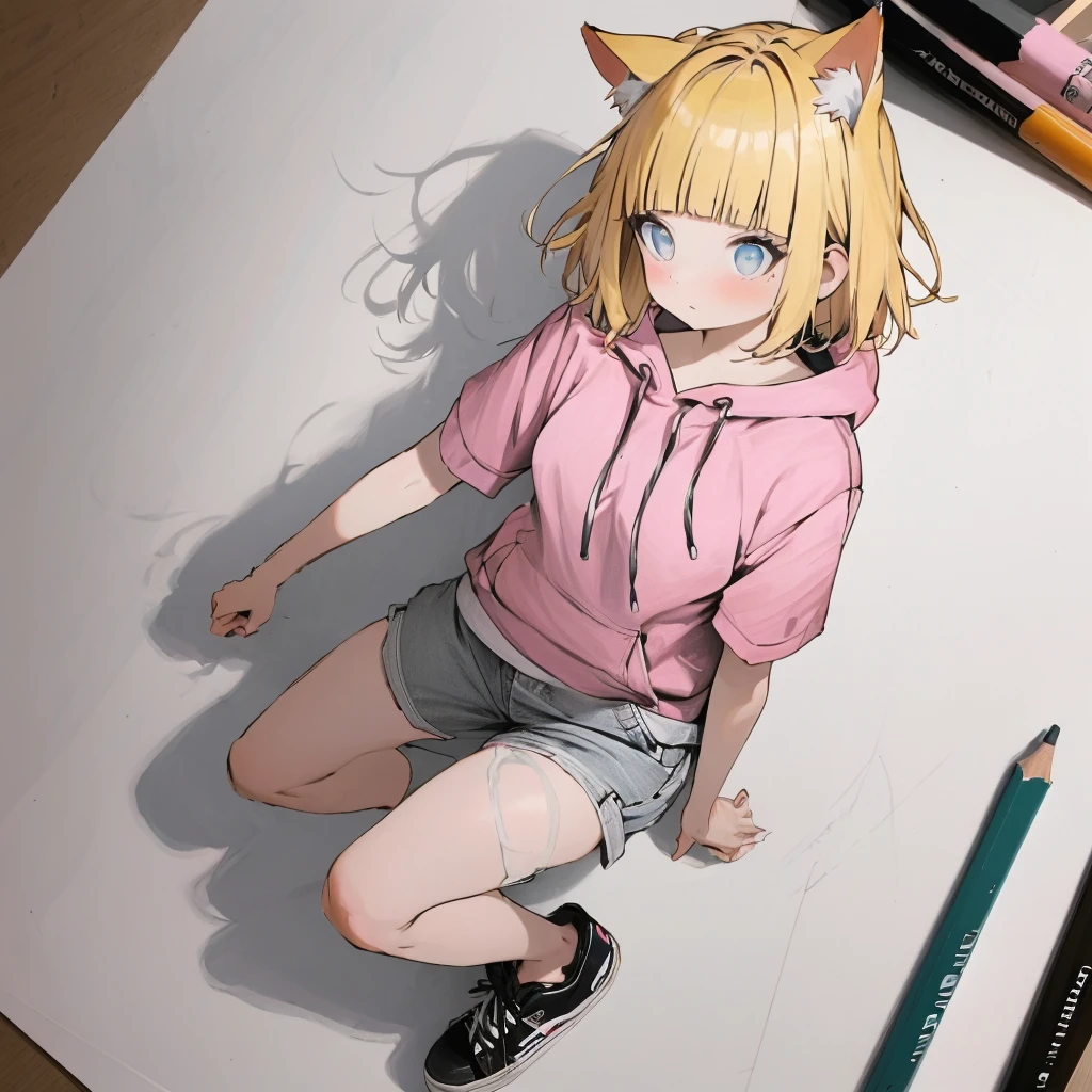 masterpiece,high quality,美しい壁paper,16K,I took a picture,sketch, ひだまりsketch,((paper)),paperを持ってください,((paperに女の子を描く)),pencil,Bright yellow hair, Cat ears of the same color as the hair, Short Hair、Short Hair, (Blunt bangs), Straight Hair,Thin eyebrows, Off-the-shoulder hoodies, Star Geometry Background, Pink short-sleeved hoodie、Denim hot pants、Black sneakers、Bright blue eyes、Belly button