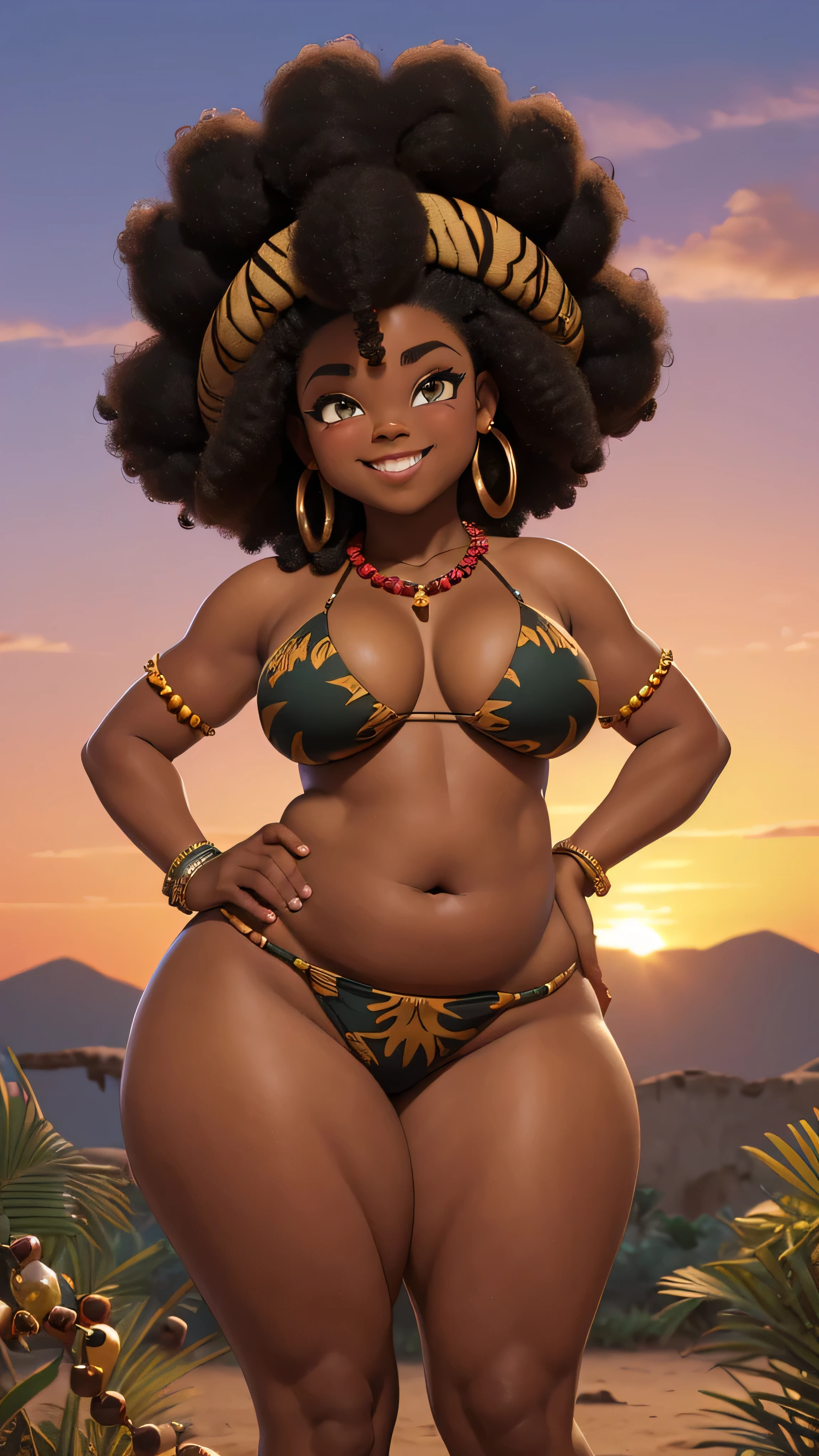 (((Jackie Parris))), (((Simon Bisley))), (((Frank Frazetta))), ((((absurdists))), (((best quality))), (((masterpiece))), (((thicc))), (((afro hair))), large, chubby, wide hipped, thicc, aged-32, African woman, large chest, Zulu warrior of the middle ages, white war paintings on body, perfect and proportional body, cheetah print, big black afro hair, black-skinned savanna warrior wearing very few clothes and many necklaces and body adornments, tiny green bikini made of African beads and crystals, sandals, smiling, crystal, red sunset, focus on ass