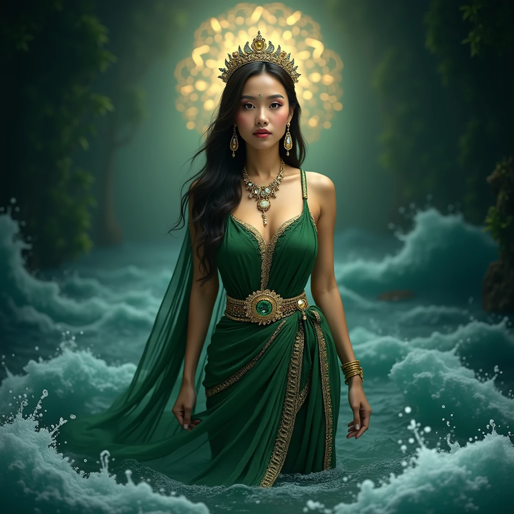 Kanjeng Ratu Kidul in a green dress with a gold belt, South Beach Queen, portrait of a beautiful goddess, goddess of Southeast Asia, goddess of love and peace, beautiful goddess, a stunning portrait of a goddess, painting of beautiful, earth goddess mythology, goddess of nature, goddess art, Indonesian goddess of wealth, female goddess, fantasy woman, goddess of beauty, wearing a small gold crown with a crystal arrangement in the middle, dark green kemben (camisole) luxurious jewelry, dark green shawl and cloth skirt batik sarong, smooth green and white, standing on blue water with waves and with a dramatic effect, surrounded by whirlpools, creating a mystical atmosphere, fractal art, bright and shining in the center with a dark background, water manipulation, intricate details, hyperrealistic, throughout body, UHD, HD, hyperdetail, sexy, exotic, erotic