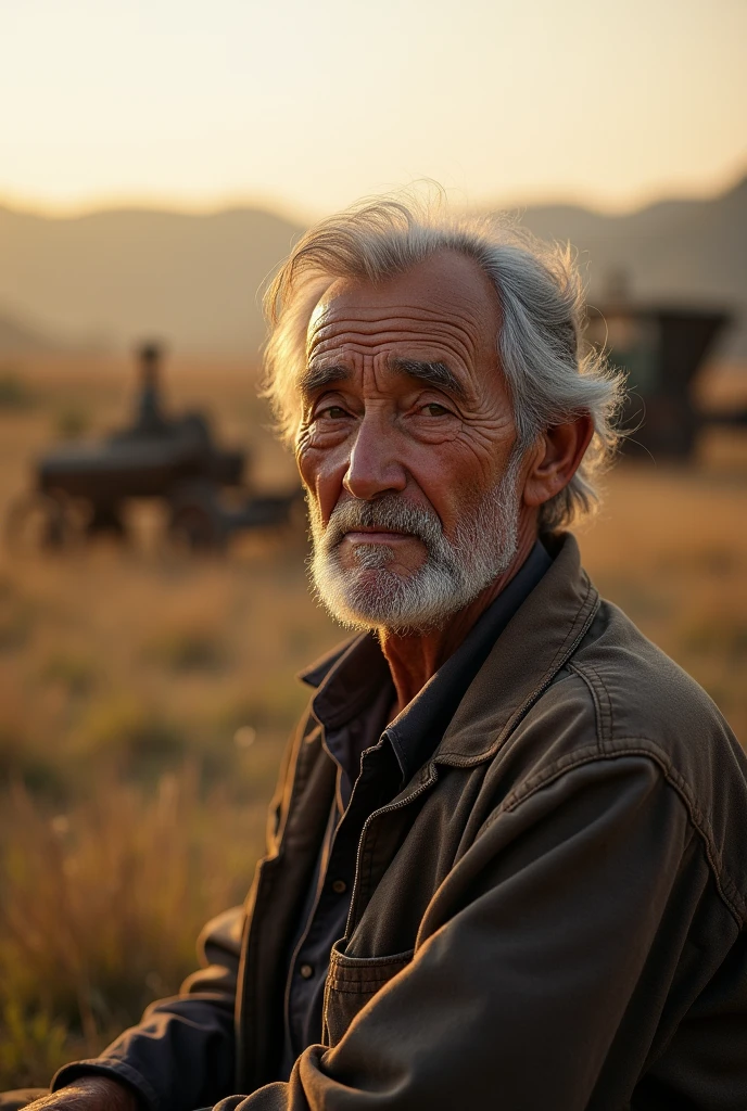 An elderly man with a weathered face -
Shot in a rural, pastoral setting,
surrounded by rustic farmland and
antique farming tools - The golden hour
light bathes the scene in a warm, soft
glow - Environmental portrait, strong
emphasis on texture and character
lines - Robert Frank, Sony α1, Canon
EF 50mm f/1.2L, nostalgic, Peter
Lindbergh style, visual storytelling,
humanistic perspective
