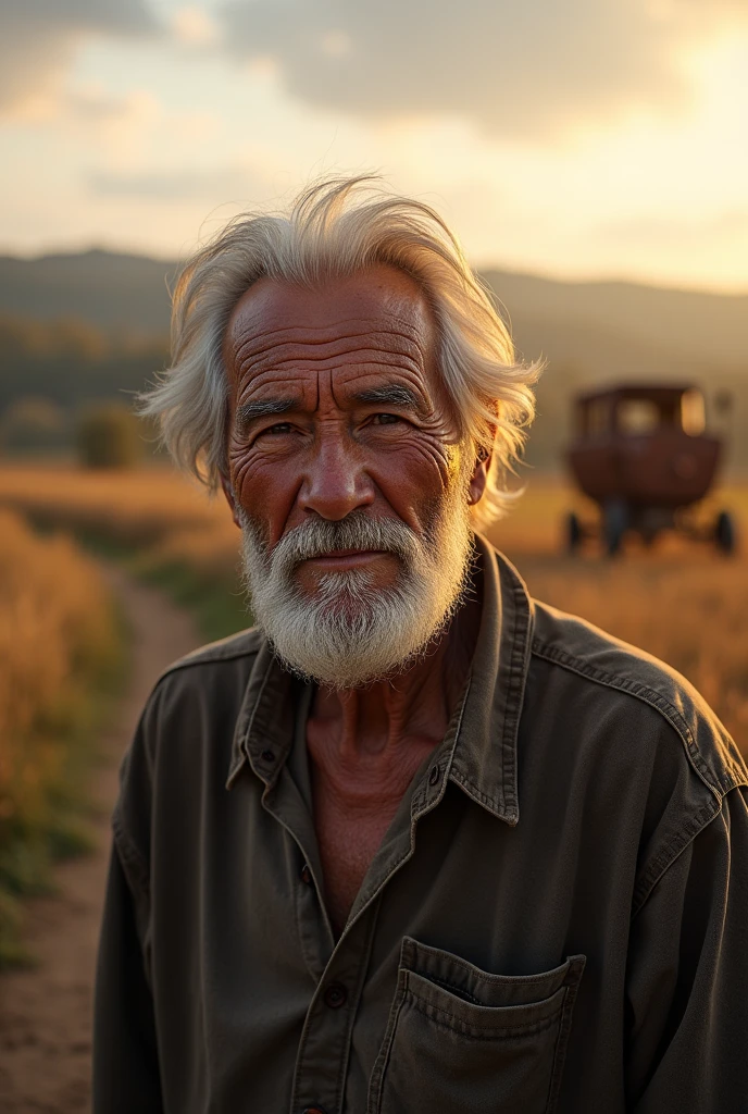 An elderly man with a weathered face -
Shot in a rural, pastoral setting,
surrounded by rustic farmland and
antique farming tools - The golden hour
light bathes the scene in a warm, soft
glow - Environmental portrait, strong
emphasis on texture and character
lines - Robert Frank, Sony α1, Canon
EF 50mm f/1.2L, nostalgic, Peter
Lindbergh style, visual storytelling,
humanistic perspective