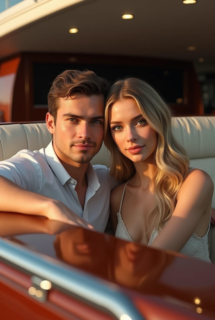 (Photorealism:1.2), man with brown hair and eyes along with a woman with blonde long hair and green eyes inside a yacht 8k ultra-realistic photorealistic super detailed