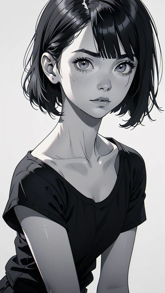 1 boyish girl, solo, sharp eyes, monochrome, greyscale, shoulder length black bangs hair, portrait, (blank white T-shirt), Thin eyebrows, closed mouth, looking at viewer, detailed lips, hatching \(texture\), without makeup, upper body, (best illustration), (best quality), (very detailed), (masterpiece), expressionless,