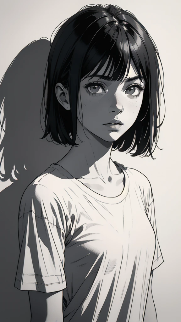 1 boyish girl, solo, sharp eyes, monochrome, greyscale, shoulder length black bangs hair, portrait, (blank white T-shirt), Thin eyebrows, closed mouth, looking at viewer, detailed lips, hatching \(texture\), without makeup, upper body, (best illustration), (best quality), (very detailed), (masterpiece), expressionless,