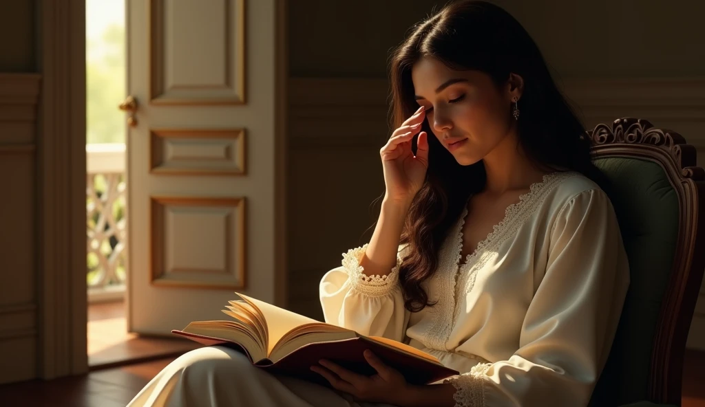 Cinematic, A young woman with long dark hair, wearing a white robe with lace trim, sitting on a chair. She is holding a story book while rubbing her left eye. The scene is set in a warm dimly lit room with a door in the background, creating a soft contrast of light and shadow.