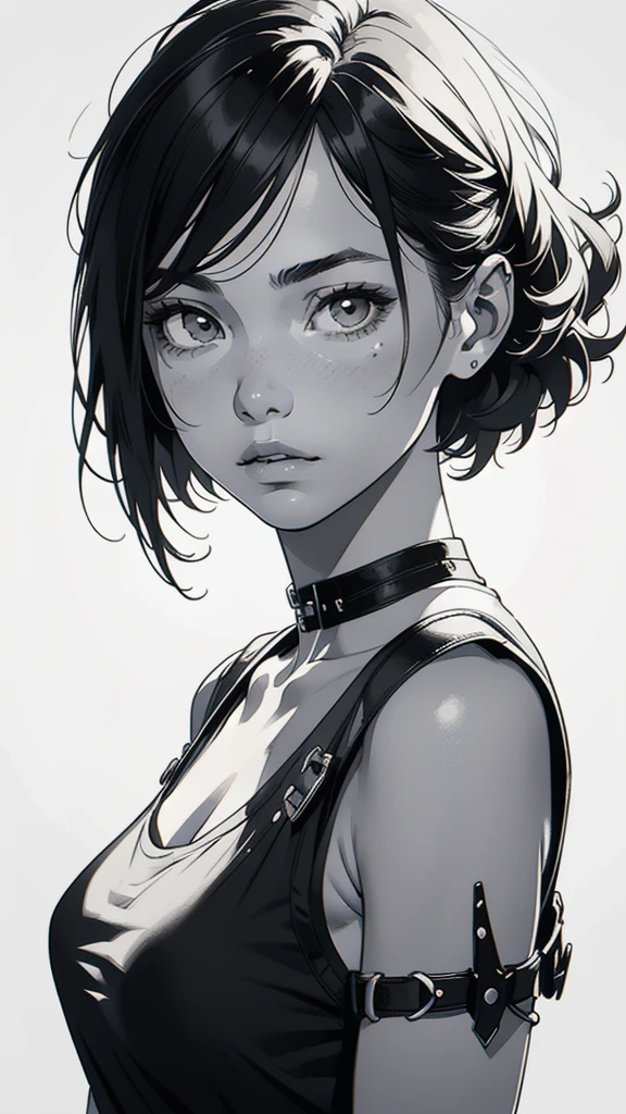 1 boyish girl, solo, sharp eyes, monochrome, greyscale, shoulder length black bangs hair, portrait, (blank white T-shirt), Thin eyebrows, closed mouth, looking at viewer, detailed lips, hatching \(texture\), without makeup, upper body, (best illustration), (best quality), (very detailed), (masterpiece), expressionless,