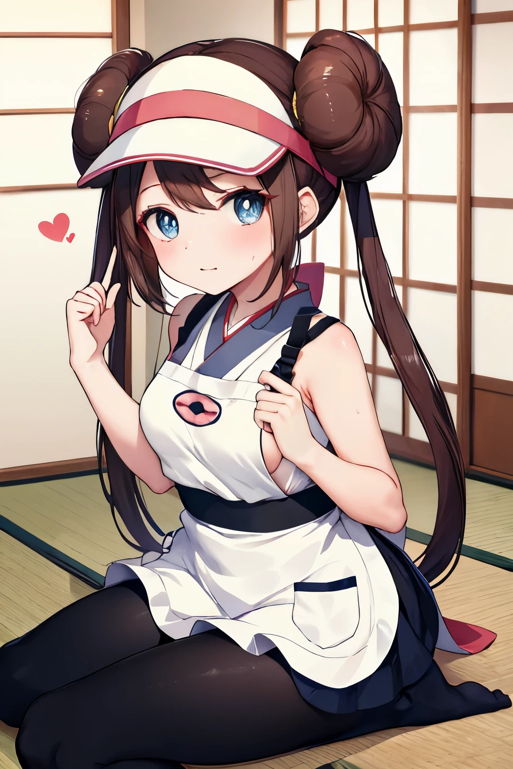 apron, Japanese-style room,sleep, Sweat, (Raise one hand), heart, Love love, 14yo, shy, ,Sideboob, Small breasts, masterpiece, highest quality, High resolution, ro1, Hair Bun, Blue eyes, Twin tails, Visor Cap, pantyhose, NUDE, Black Stockings,
