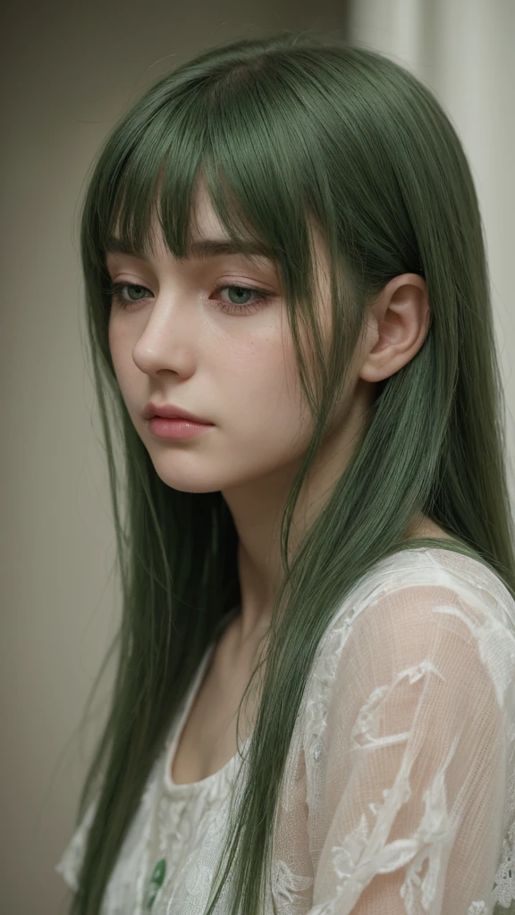 a girl. European. Extremely detailed face. Oval face. Delicate facial features. Half-closed eyes. Long straight hair. Messy hair. Bangs. Green hair. Green eyes. lewd expression. sad mood