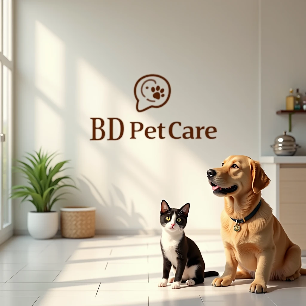 an windows wallpaper (1920*1080) of a clinic, a cat and a dog sitting right side, "BD PET CARE" name should be in the middle, nice and attactive font and style.