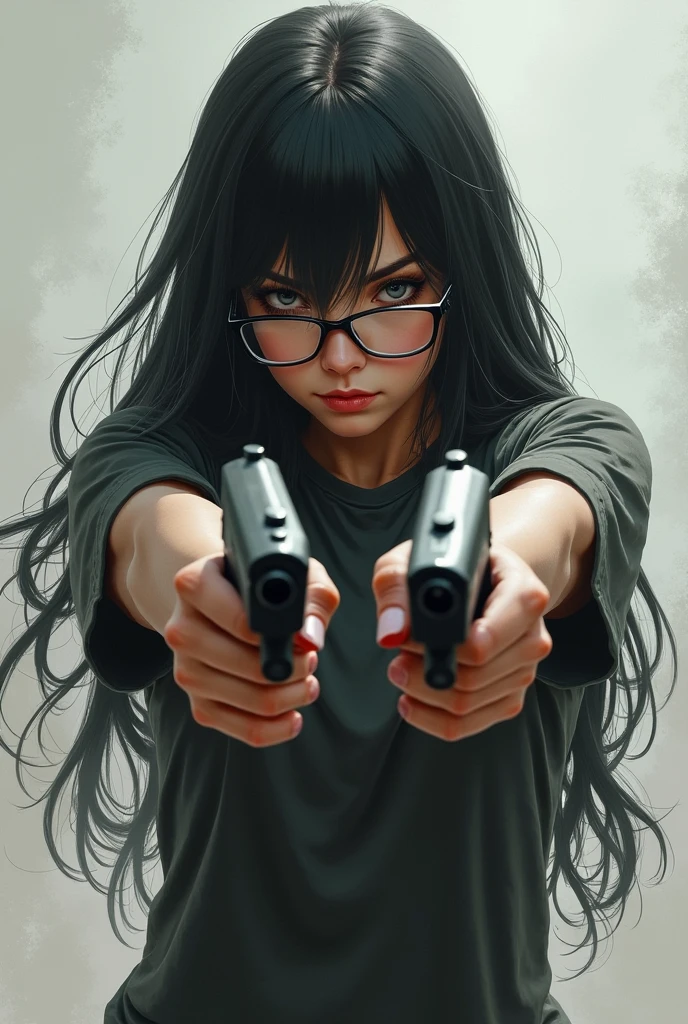 chica gamer, white girl with glasses, with two guns in hand, long black hair and down say: goodbye