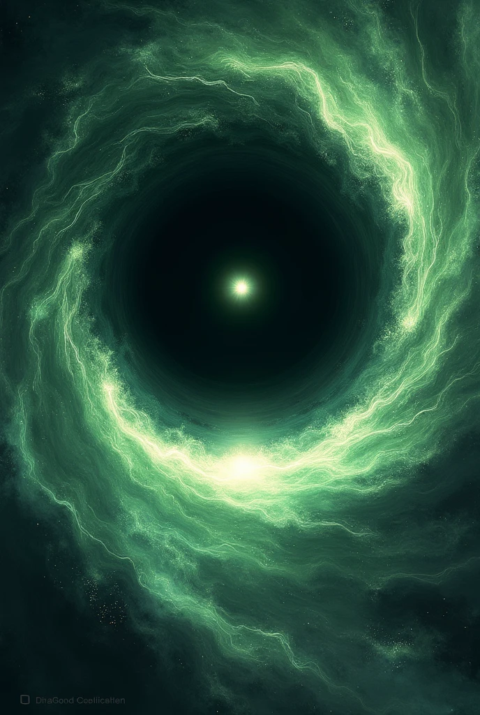 A blackhole with green and dark colours , have one big black stars in the middle and the stars are white shiny , the blackhole also spread Green , white and black light