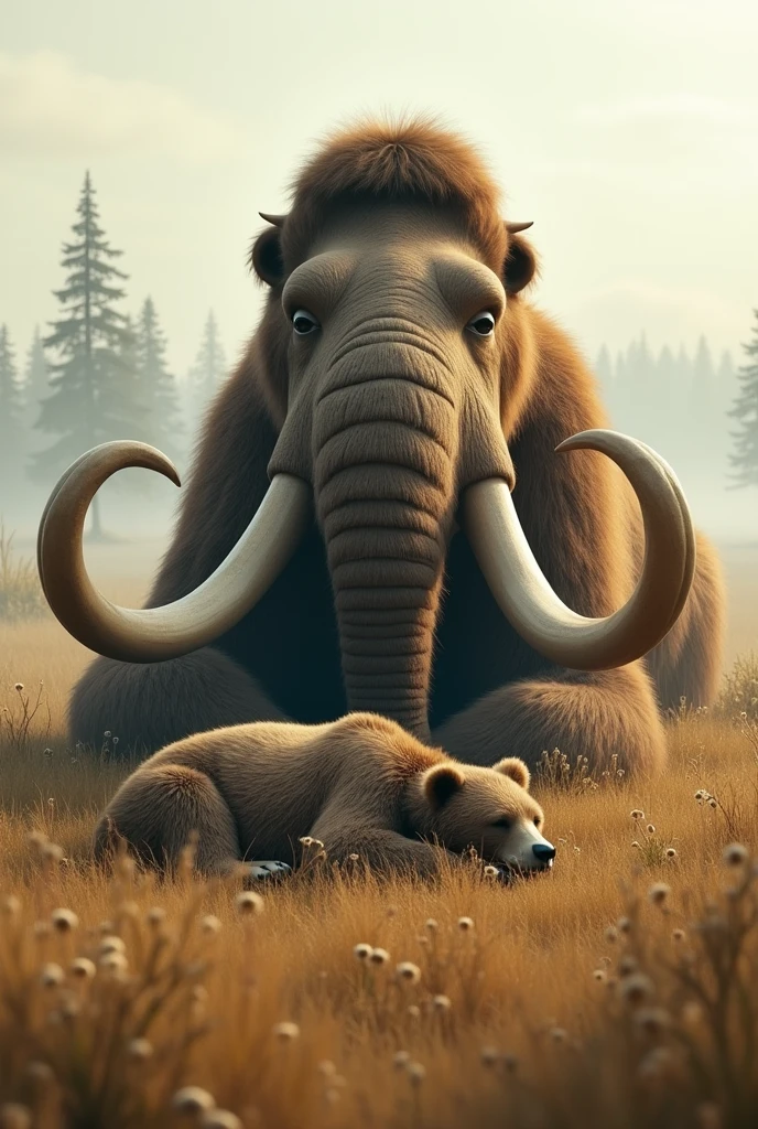 A huge woolly mammoth lies byhooshi ki halat me on a spread of grass above a small, sleeping bear. The mammoth's large, curved teeth are prominent, and its textured fur contrasts with the soft, golden grass beneath. The background presents a serene scene with distant trees and a faint mist, illuminated by a soft sky, suggesting early morning or late afternoon light.
