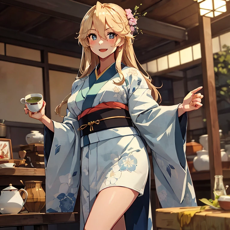 
iowa_kantaicollection,
blonde_hair, long_hair, blue_eyes, star_\(symbol\), symbol-shaped_pupils, star-shaped_pupils, breasts, large_breasts, hair_between_eyes, smile, blush, open_mouth,
(masterpiece:1.4),(best quality:1.4), (premium:1.4), (great illustration:1.4), (ultra-detailed:1.4),(art CG, 8K),full body,1girl,solo,KonishiCSA,
(kimono:1.4),(green tea:1.4),Ceramics yunomi,smile,