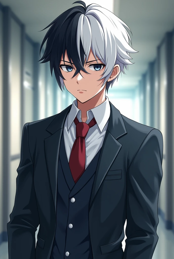 An anime boywhite and nlack hair in school drees with sharp eyes full body iwitha school hall background