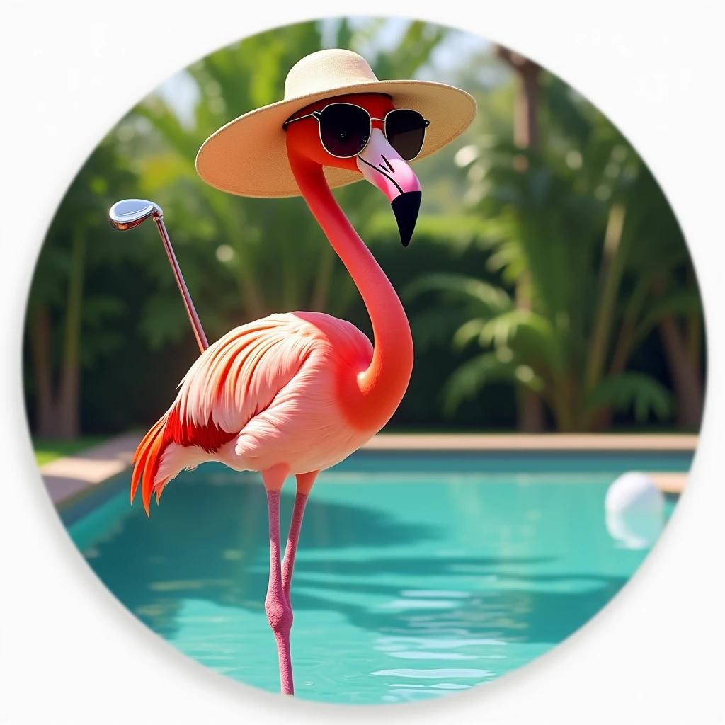 A standing flamingo wearing sunglasses, hat and a golf club, Fun and relaxed, the flamingo is standing in a pool, Image inside a circle, Whole body