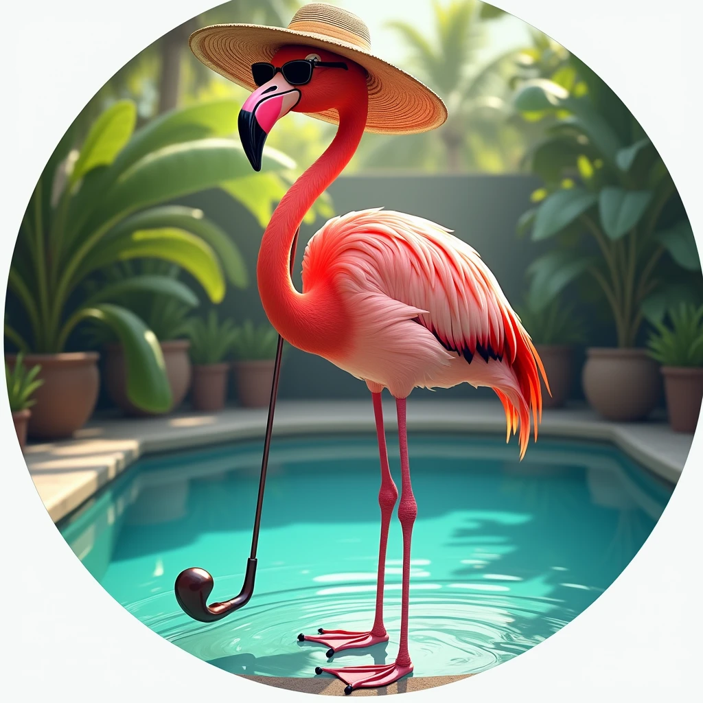 A standing flamingo wearing sunglasses, hat and a golf club, Fun and relaxed, the flamingo is standing in a pool, Image inside a circle, Whole body