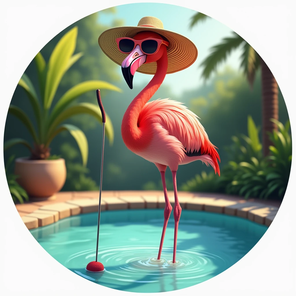 A standing flamingo wearing sunglasses, hat and a golf club, Fun and relaxed, the flamingo is standing in a pool, Image inside a circle, Whole body