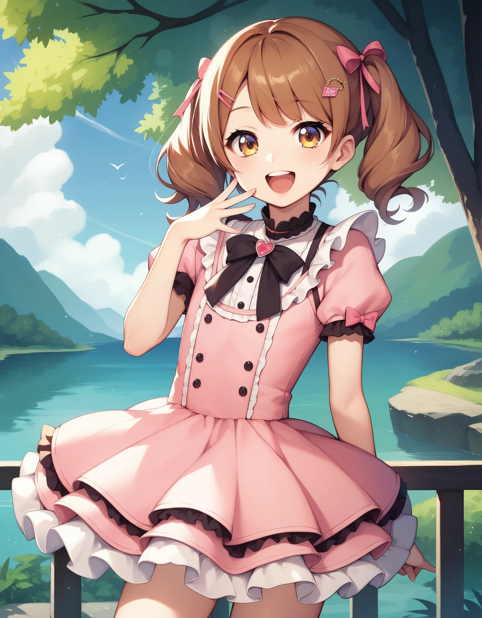 (masterpiece:1.2), best quality, highres, original, (extremely detailed:1.2), ultra-detailed, wallpaper, perfect lighting,(extremely detailed CG:1.2), 8k, anime illustration, HD, cute, kawaii, 1boy, crossdressing, solo, tomgirl, (brown hair, open the mouth, laughing, happy, hairclip:1.1), (Lolita Fashion, short sleeves, pink dress, mini dress, delicate dress, ruffles hemline, ribbon on dress, flat chest, breastless:1.2), thighs, standing, looking at viewer, frontal, outdoor, sunny