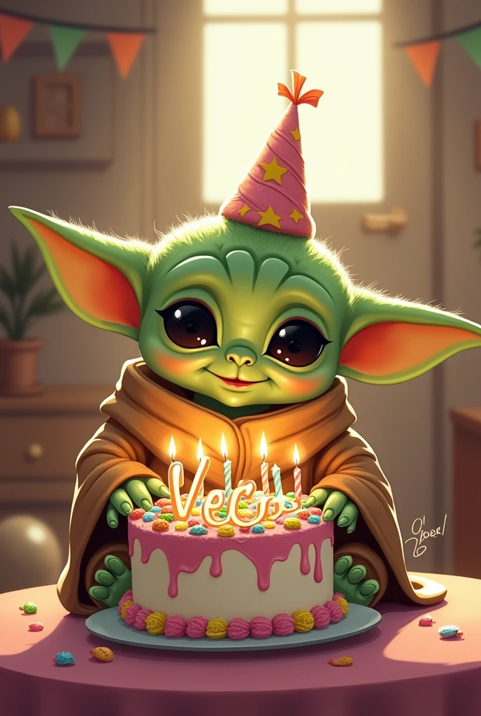 Baby Yoda with a cake that says "HAPPY BIRTHDAY VEGA"