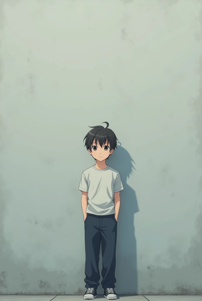 Anime  photo a boy is standing and background is a gray wall