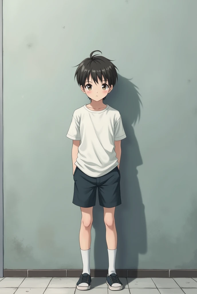 Anime photo a boy is standing and background is a gray wall