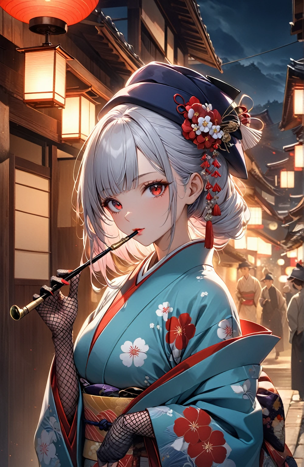 Ultra high resolution, rich colors, perfect image, top quality, detailed image, beautiful woman, glowing skin, skin and clothing texture, delicate eyes, Showa era town, Japanese clothes, kimono, long-sleeved kimono, haori, toque hat, fishnet gloves, smoking pipe, long silver hair, red eyes