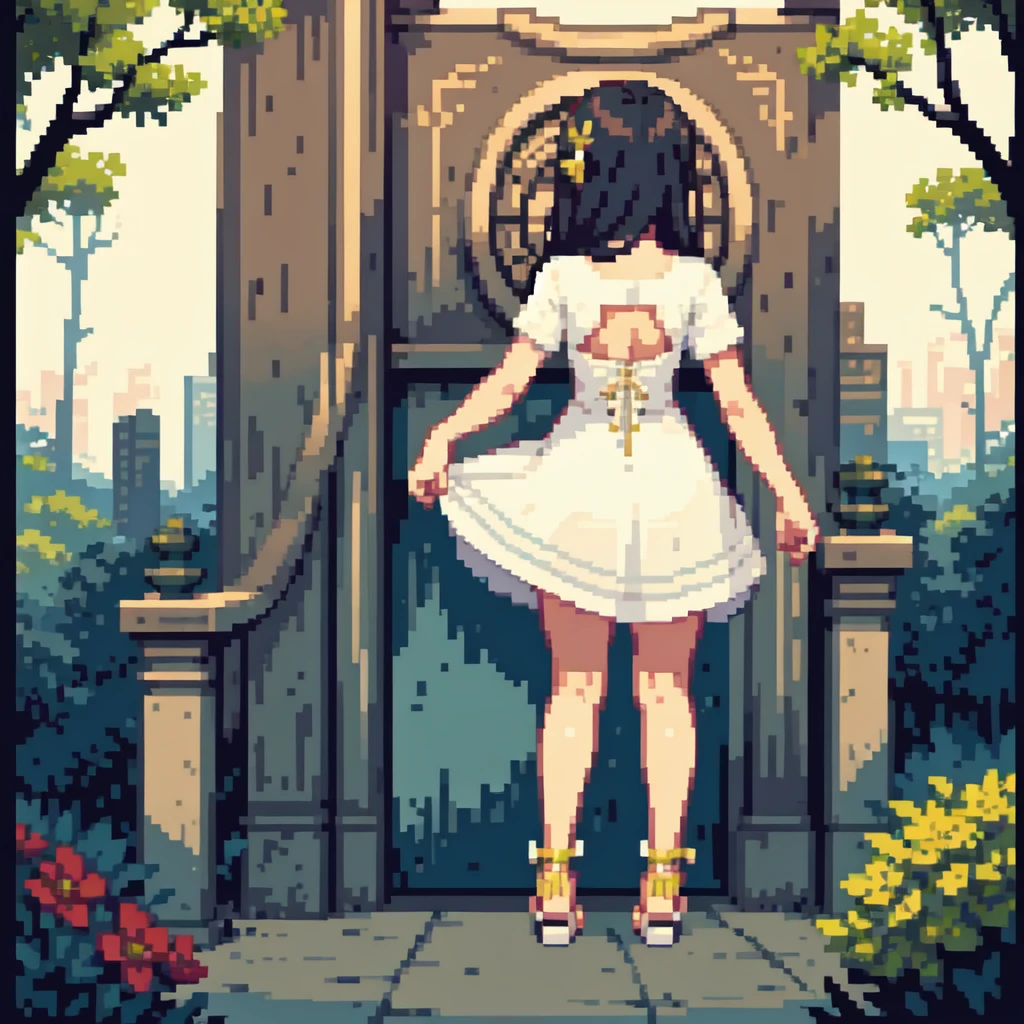 full body, back view, masterpiece, a beauitiful girl.　White dress。Sandals