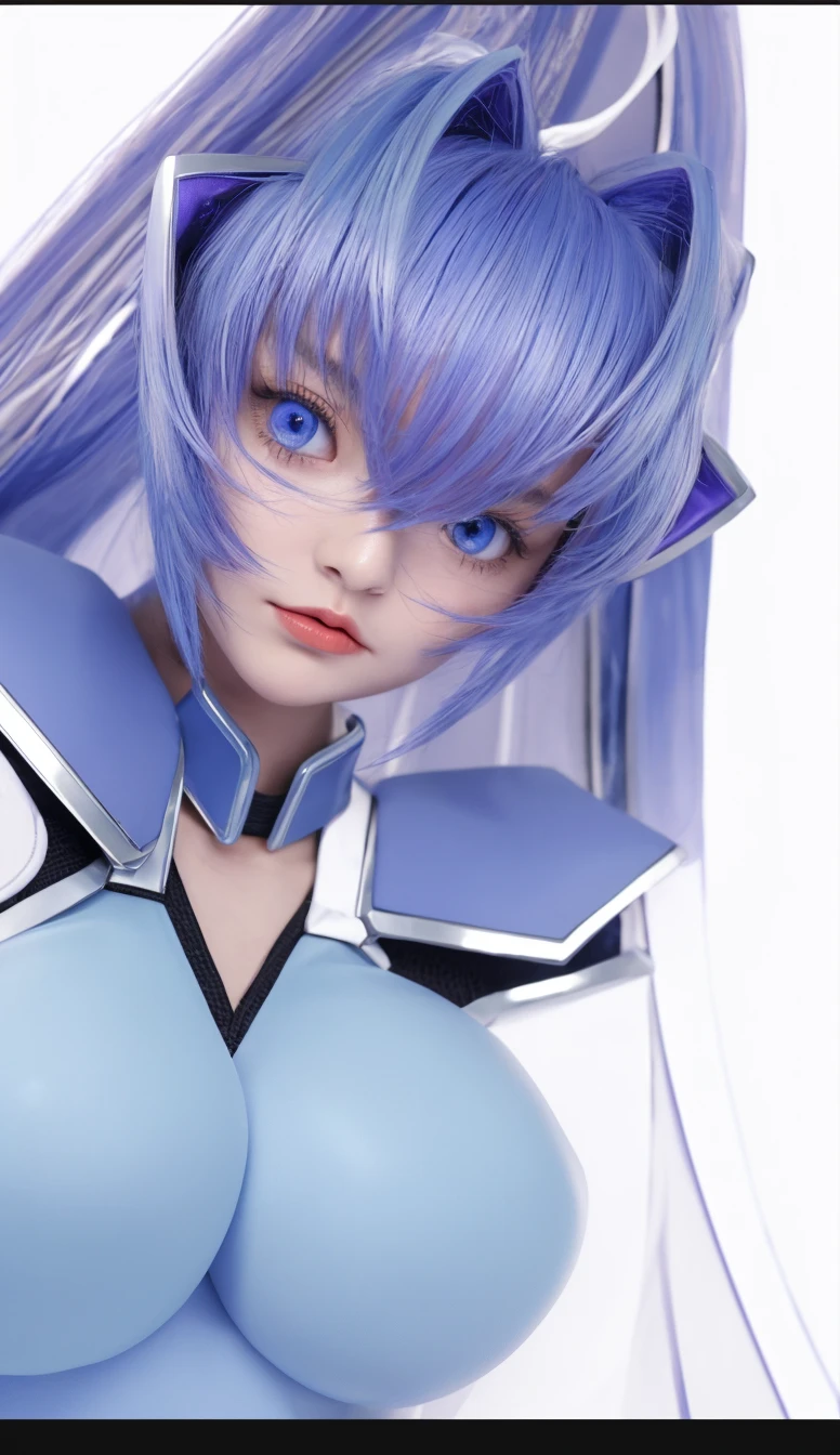 1 Girl, beautiful blue hair, white skin, red eyes, beautiful eyes, short hair, bangs between the eyebrows, side hair hanging on the cheeks, plug suit