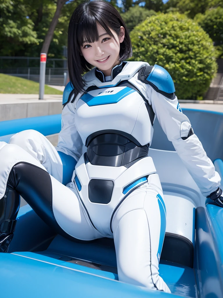 Japanese female android,Black Hair,White and blue robot suit,Plump,Riding on a swing in the park,smile