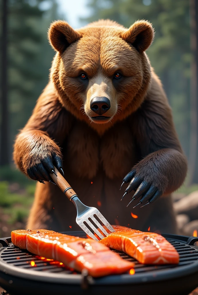 Ultra-Realistic, Brown Bear, Brown bear grilling salmon, Holding a spatula in its front paws, It looks very delicious cooked., (Heart Eyes:1.37,) Drooling, appetite, Hunger, patience, generate a video 