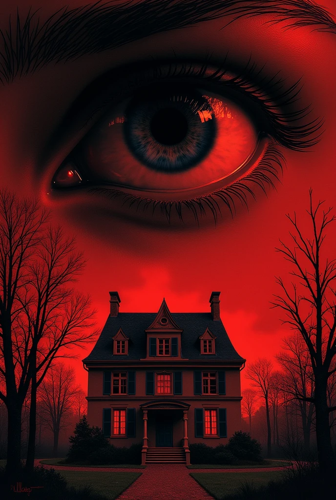 Couverture d'un livre inspiré des films : Nightmare on Elm Street. Le fond de la couverture est rouge. En bas de la couverture il y a une maison francaise. Au dessus de la maison il y a un eoil humain. Le titre du livre est : L'oeil de la nuit. Le nom de l'auteur est : M. B. Kel