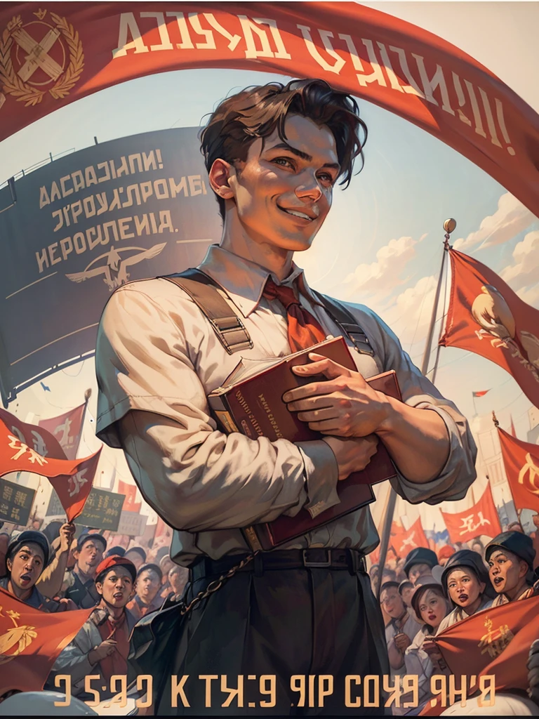 (best quality:1.2), Man holding up a book，No Russian letters，Wide Angle镜头，Smile, Profile,Dynamic Angle， red flag，Soviet Union, poster,  Anatomically correct，Correct finger，Asian Face，8k，masterpiece，Overhead shots，Wide Angle