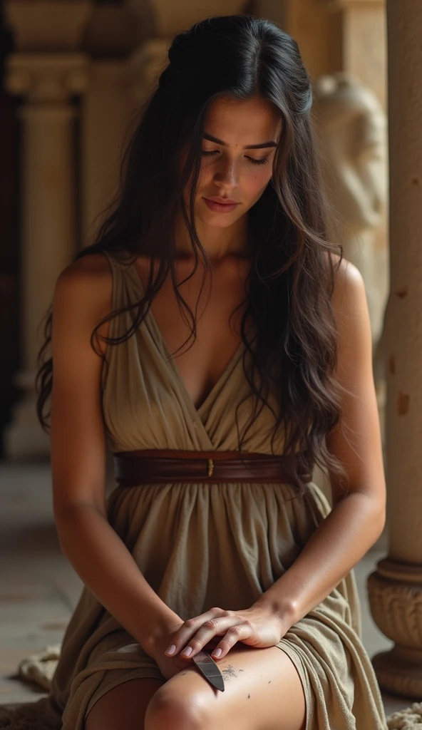 A young and determined Roman woman, with long dark hair, dressed in a classic Roman tunic, is in an ancient Roman room. With a face of firmness and resolution, He is making a small wound on his thigh with a knife. The environment should include Roman elements such as columns, statues and curtains. The expression on your face must reflect pain., but also a strong determination and self-control.