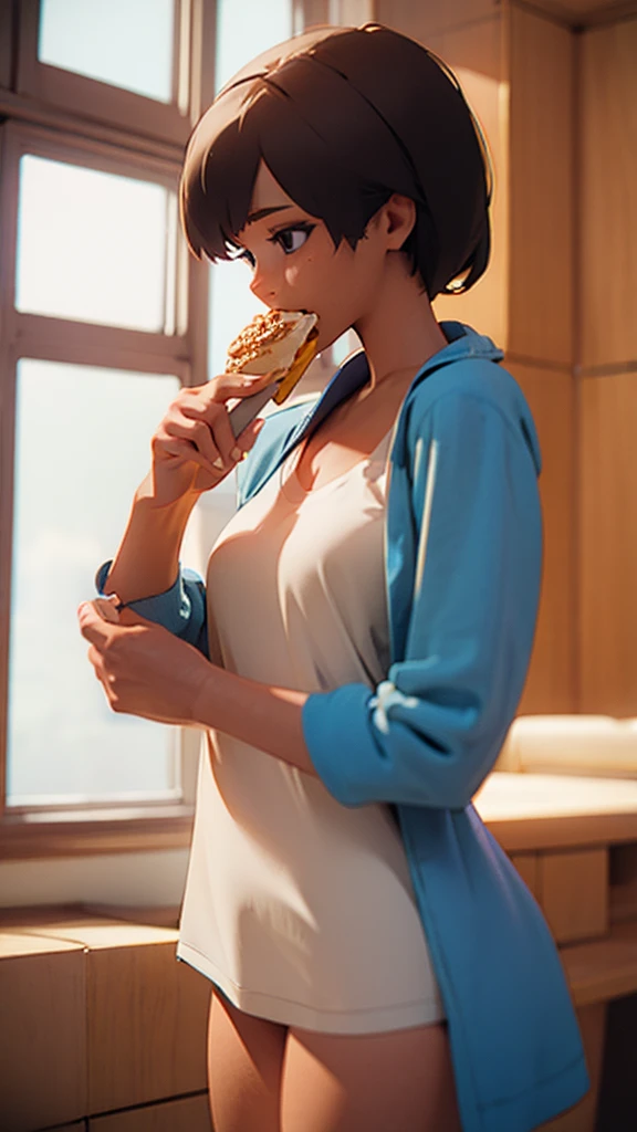 A girl eating breakfast without pants