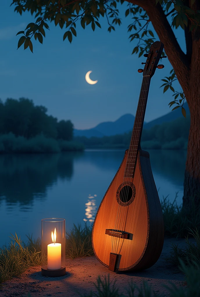 Oud-Saz near river at night,

on top written AKMA STUDIO no big shrift 
down written Guzelim