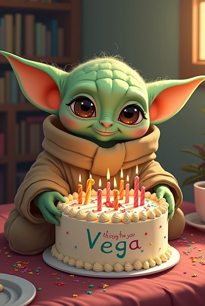  Yoda with a cake that says "HAPPY BIRTHDAY VEGA"