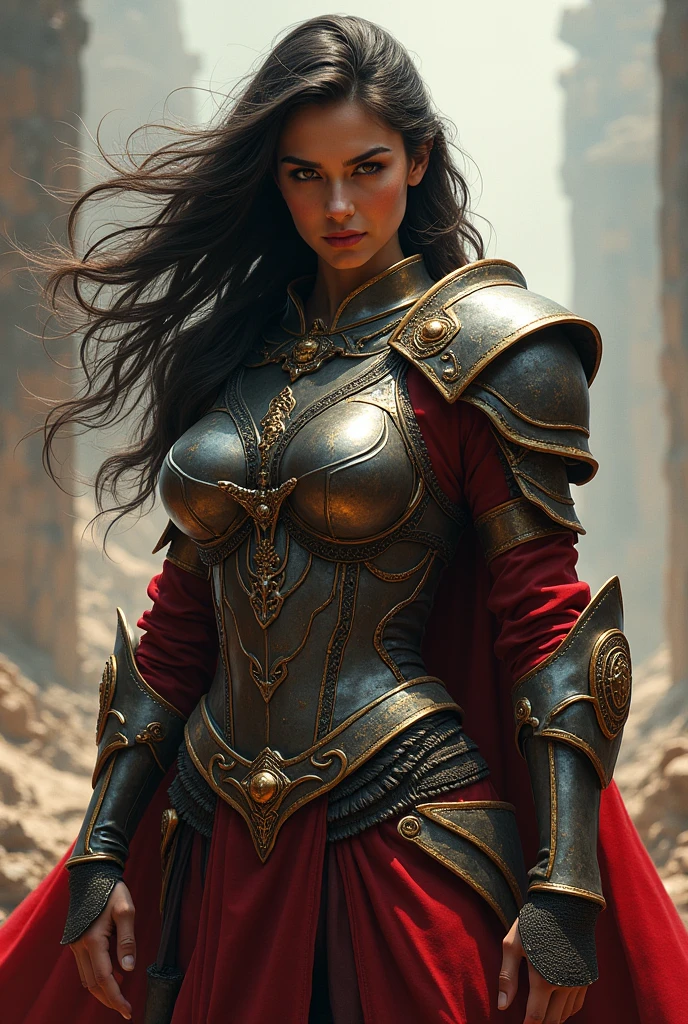 illustrations, similar to Frank Frazetta's work, Depicts a woman in fierce armor, bold and intense colors, a certain expression, dramatic lighting, Epic Atmosphere - V 5 - Stylization 1000