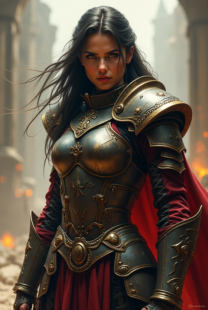 illustrations, similar to Frank Frazetta's work, Depicts a woman in fierce armor, bold and intense colors, a certain expression, dramatic lighting, Epic Atmosphere - V 5 - Stylization 1000