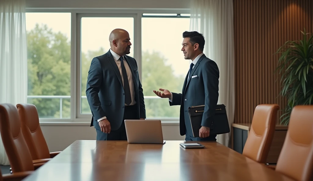 a business meeting in an office, 1 businessmen, 2 businessmen, formal suit, briefcase, laptop, conference table, high-quality interior, large windows, sunlight, warm lighting, minimalist decor, wood furniture, (best quality, 4k, 8k, highres, masterpiece:1.2),ultra-detailed,(realistic, photorealistic, photo-realistic:1.37),professional photography, studio lighting, sharp focus, cinematic composition